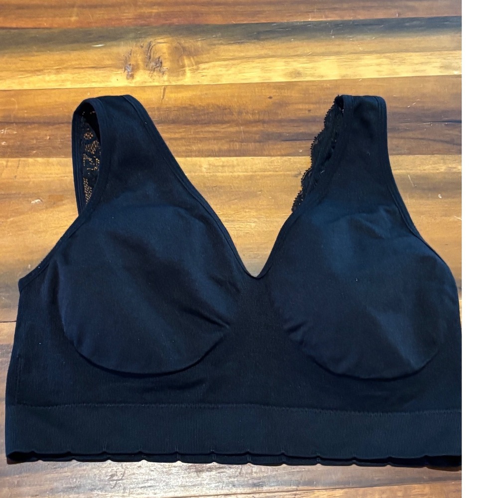Laura Ashley Black Lace Trim Seamless Bralette Wireless V-Neck 1X